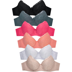 MaMia Women's Full Cup Push Up Lace Bras (Pack of 6) 