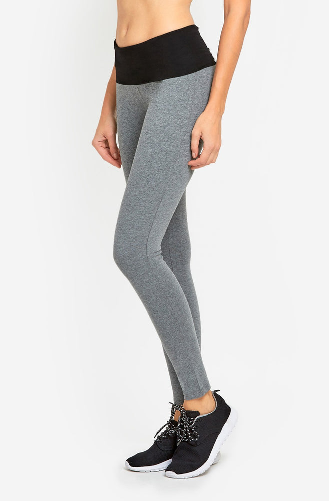 Mopas Yoga Leggings Cotton Pants With Fold Over Solid Waistband Mid Waist  Black Leggings 